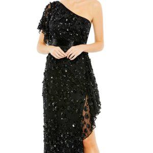 MAC DUGGAL 93687 ONE SHOULDER ASYMMETRICAL RUFFLE BLACK GOWN sz 8